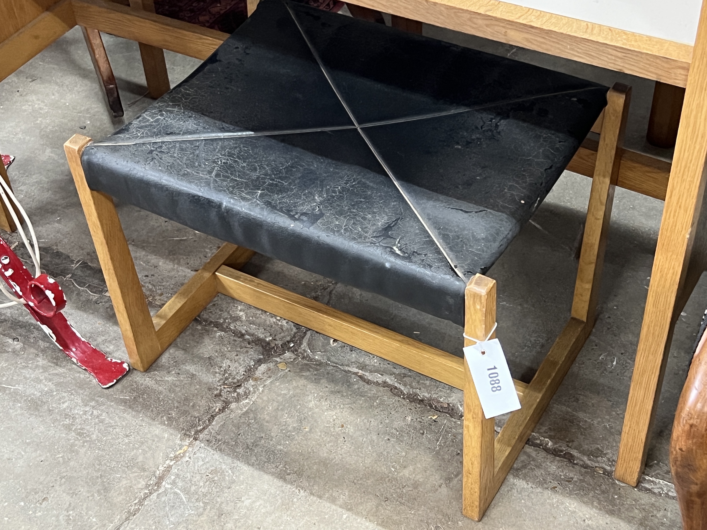 A G-Plan oak and teak dressing table, width 102cm, depth 42cm, height 136cm and an initialled stool